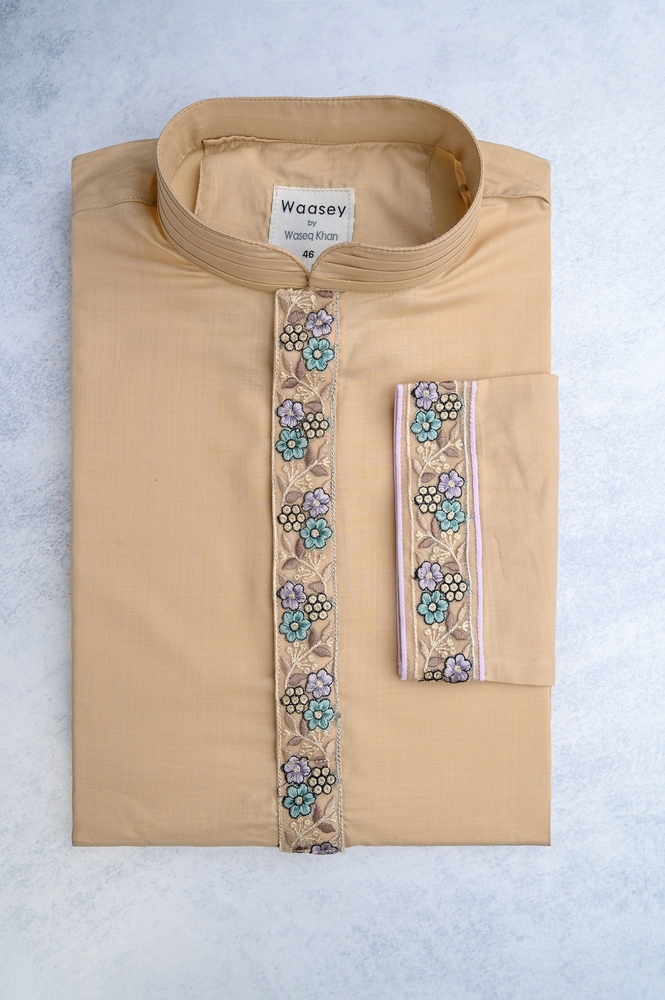 Beige Panjabi with Pastel Floral Design